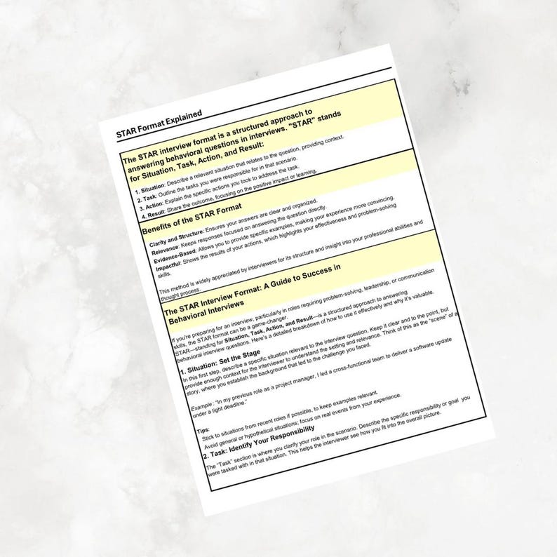 May include: A guide to using the STAR method for answering behavioural interview questions. The STAR method stands for Situation, Task, Action, and Result. This method is widely used in interviews for roles requiring problem-solving, leadership, or communication skills.
