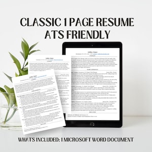 Może przedstawiać: Cyfrowy makiet szablonu CV na tablecie i wydrukowana wersja tego samego CV na białym tle. CV jest dla Ashley Jones, menedżerki łańcucha dostaw z 10-letnim doświadczeniem. Tekst "CLASSIC 1 PAGE RESUME ATS FRIENDLY" znajduje się w górnej części obrazu. Tekst "WHATS INCLUDED: 1 MICROSOFT WORD DOCUMENT" znajduje się w dolnej części obrazu.