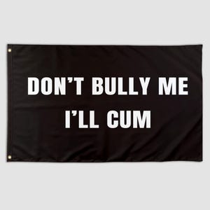 May include: Black flag with white text: "DON'T BULLY ME I'LL CUM". The flag has eyelets in the corners for hanging. The text is in a bold, sans-serif font.
