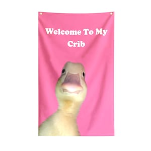 May include: A pink banner with the text "Welcome To My Crib" in white. A close-up of a yellow duckling with a pink beak is centered below the text.