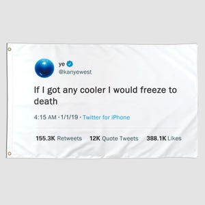 Può includere: Banner bianco con un tweet di @kanyewest. Il testo recita: "Se fossi più cool, morirei congelato". Il tweet include l'ora, la data e le informazioni di Twitter per iPhone, insieme ai conteggi di retweet, citazioni e Mi piace.