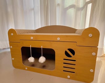 Chic TV Cat House: Mid-Century Modern Cat Condo with Scratching Post