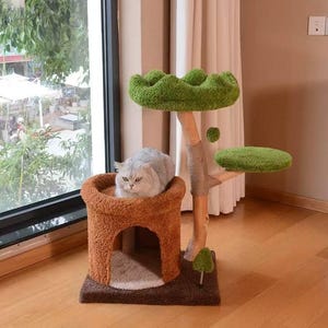 Cat Tree House with Solid Wood Construction and Natural Fruitwood Finish - Spacious Sisal Columns for Playful Cats