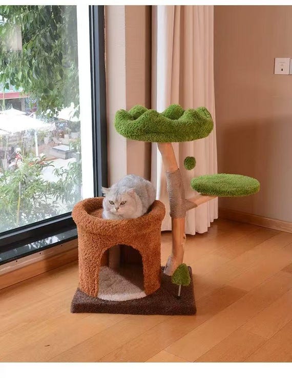 Solid Wood Cat Tree House: Sisal Scratching Post, Fruitwood Finish