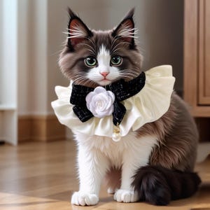 May include: A brown and white cat wearing a white ruffled collar with a black and white bow and a white flower.