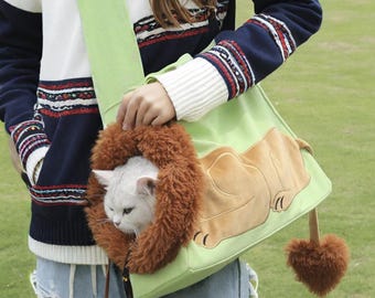 Zaino a tracolla con testa di leone e gatto, in tela di cotone, multicolore