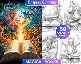 Op de afbeelding: Een kleurboek met 50 pagina's met magische boeken. De omslag toont een kleurrijke illustratie van een boek met een regenboog en bomen die eruit groeien. De titel "Magical Books" staat onderaan de omslag.