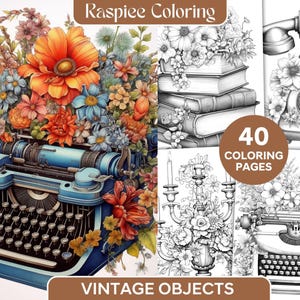 Puede incluir: Un libro para colorear con 40 objetos vintage, incluyendo una máquina de escribir, un candelabro, un teléfono y una pila de libros. Cada objeto está rodeado de un ramo de flores.