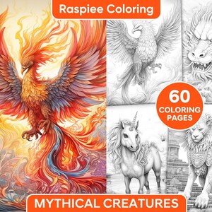 May include: A coloring book featuring mythical creatures. The cover shows a phoenix with red, orange, and yellow flames. The title "Raspiee Coloring" and "Mythical Creatures" are visible. The book contains 60 coloring pages.