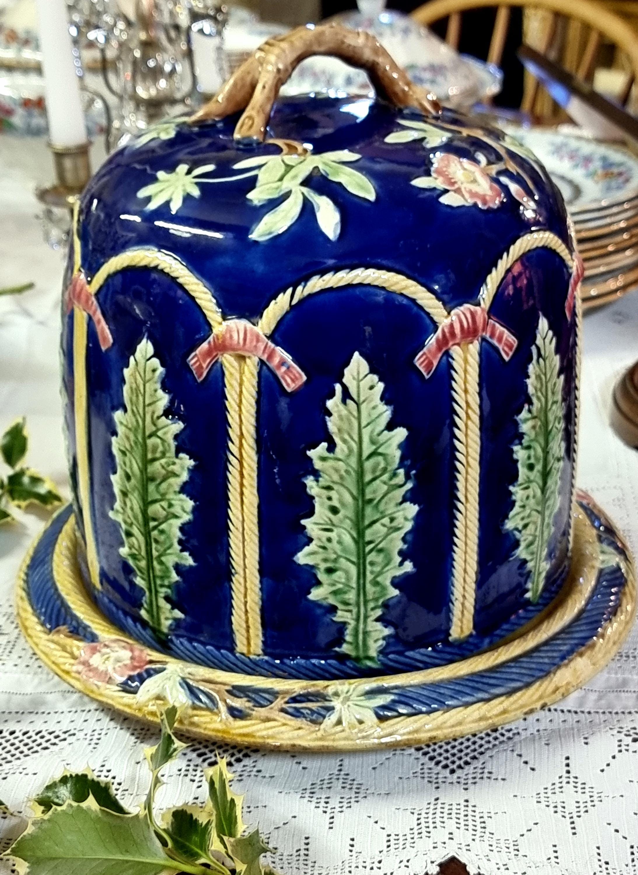 Elegant Majolica Cheese Dome / Stilton Dish Attributed to Thomas