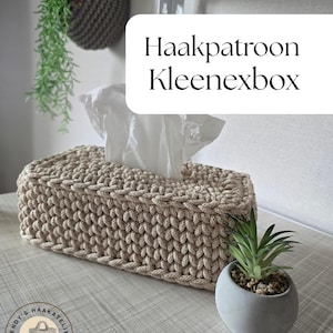 Op de afbeelding: Een beige, rechthoekige tissueboxhoes met een geweven textuur. De hoes heeft een rechthoekige opening voor het afgeven van tissues. De tekst "Haakpatroon Kleenexbox" wordt op een witte achtergrond weergegeven. Rechts staat een kleine potplant.