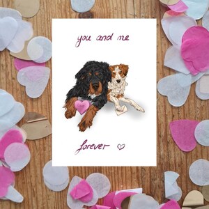 Karte für Eure Liebe! Niedliche Hunde mit Geschenken für Dich, Faltkarte & Postkarte "you and me forever" PDF-Download, DIN-A6