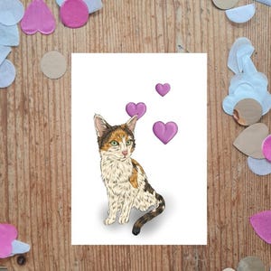 Valentijnskaart, vouwkaart en ansichtkaart "Kat met liefde en harten" pdf-download, DIN-A6