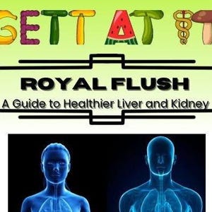 Può includere: Una grafica colorata con la parola "GET A" in grandi lettere, seguita dalle parole "ROYAL FLUSH" in un carattere più piccolo. Il testo è su uno sfondo verde con un bordo bianco e nero. Sotto il testo c'è una guida per una salute più sana del fegato e dei reni, illustrata con una silhouette blu del torso di una persona con i suoi organi interni visibili.