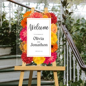 Bright Pink Flower Wedding Welcome Sign Custom Printed Acrylic Arch Colorful Orange Modern Floral Personalized Large Wedding Entrance Sign