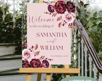 Dusty Pink and Burgundy Floral Wedding Welcome Sign Acrylic Personalized Classic Elegant Rose Wedding Entrance Signage Large Welcome Poster