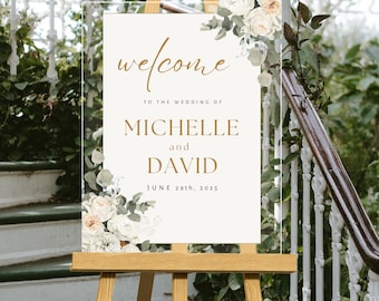 Neutral Floral Acrylic Wedding Welcome Sign Custom Printed Wedding Signage Classic White Rose Personalized Large Elegant Arch Entrance Sign