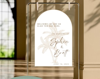 Palm Tree Acrylic Wedding Welcome Sign Custom Printed Large Tropical Beach Themed Durable Arch Entrance Signage Personalized Event Welcome