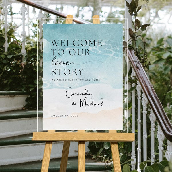 Beach Themed Acrylic Wedding Welcome Sign Custom Printed Coastal Wedding Entrance Sign Tropical Ocean Waves Nautical Welcome Durable Signage