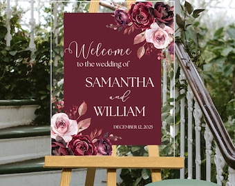 Burgundy and Pink Acrylic Wedding Welcome Sign Floral Personalized Classic Elegant Large Durable Signage Dusty Pink Flower Entrance Poster