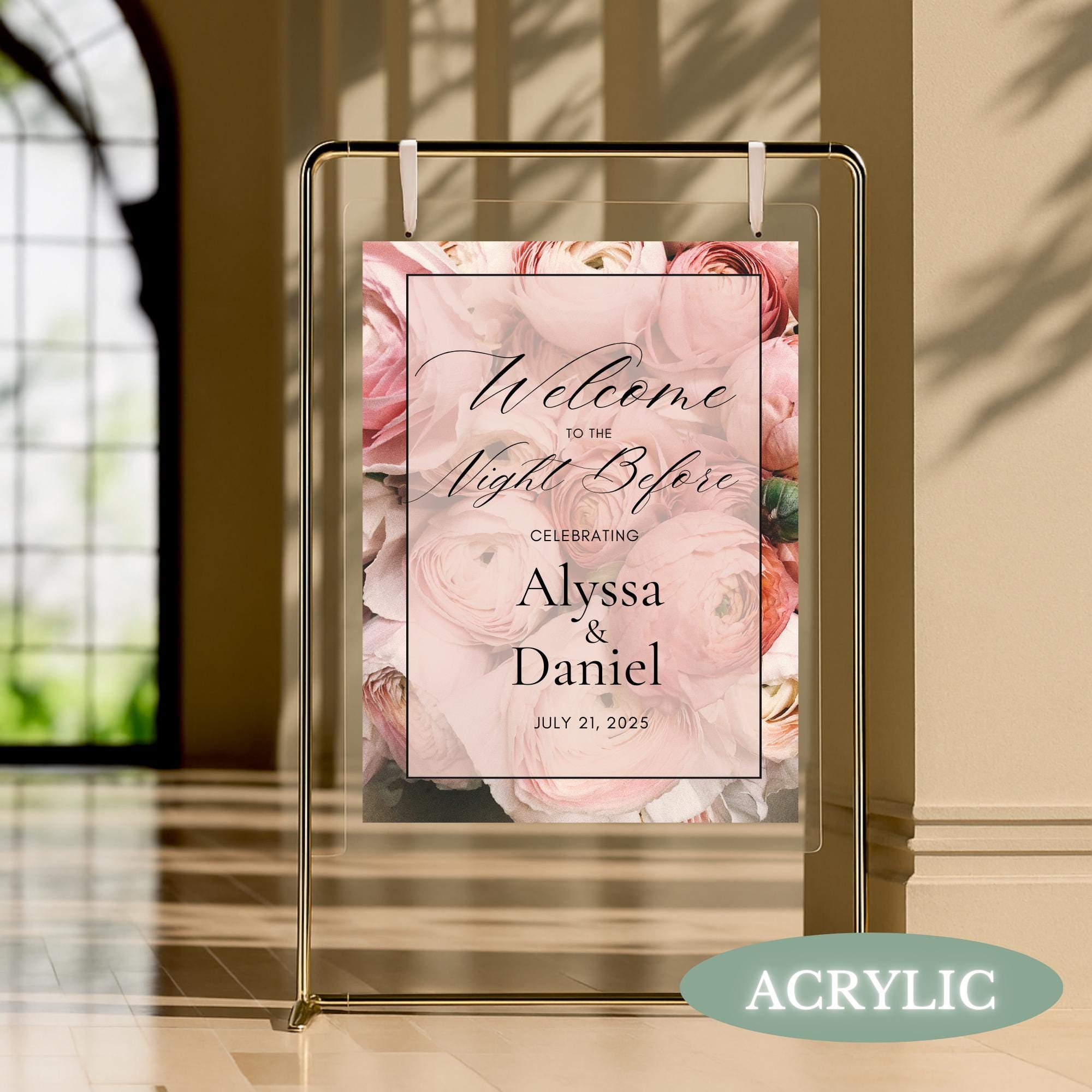 Pink Rose Wedding Rehearsal Dinner Welcome Sign Acrylic Large Personalized Night Before Signage Modern Pink Floral Rehearsal Party Poster