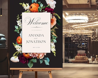Dark Moody Floral Wedding Welcome Sign Custom Printed Arch Wedding Signage Elegant Romantic Roses Personalized Black And White Entrance Sign