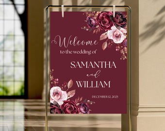 Burgundy Floral Wedding Welcome Sign Custom Printed Large Dusty Pink Rose Durable Wedding Entrance Signage Personalized Flower Event Poster