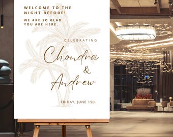 Custom Printed Beach Themed Night Before Sign Large Tropical Palm Tree Rehearsal Dinner Welcome Arch Sign Personalized Beach Party Poster