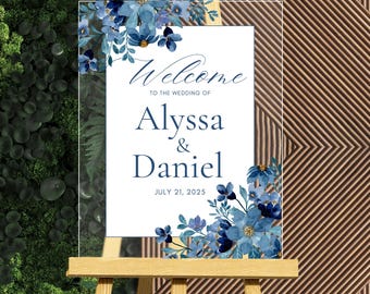 Blue Floral Wedding Welcome Sign Acrylic Large Personalized Wedding Entrance Signage Blue Flower Elegant Custom Printed Engagement Poster