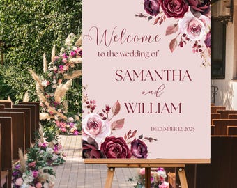 Dusty Pink and Burgundy Floral Wedding Welcome Sign Personalized Maroon Elegant Rose Durable Wedding Entrance Signage Large Welcome Poster
