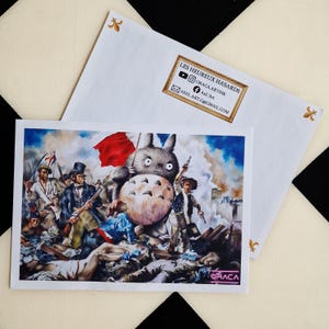 Poster A4 - Totoro guidant le peuple (Delacroix)) - affiche murale - dessin - carte postale - pop art - ghibli - miyazaki