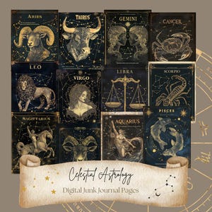 Celestial Junk Journal Printable, Vintage Scrapbooking Journal Kit, Watercolor Journal Ephemera Stickers, Digital Paper Astrology Horoscope