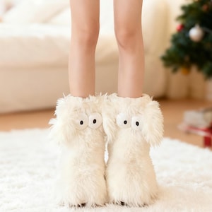 Cute Fluffy Indoor Slipper Socks With Plush Ears And Big Eyes Cozy Floor Shoes Warm Home Socks Soft Winter House Slippers, For Christmas