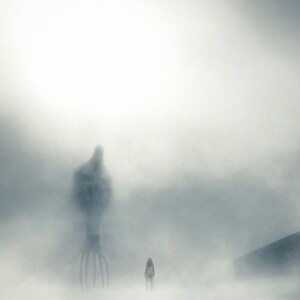 May include: An evocative, atmospheric image depicting a person in a foggy environment, confronting a large, shadowy, tentacled entity. The scene creates a feeling of mystery and solitude, with a dark, foreboding atmosphere.