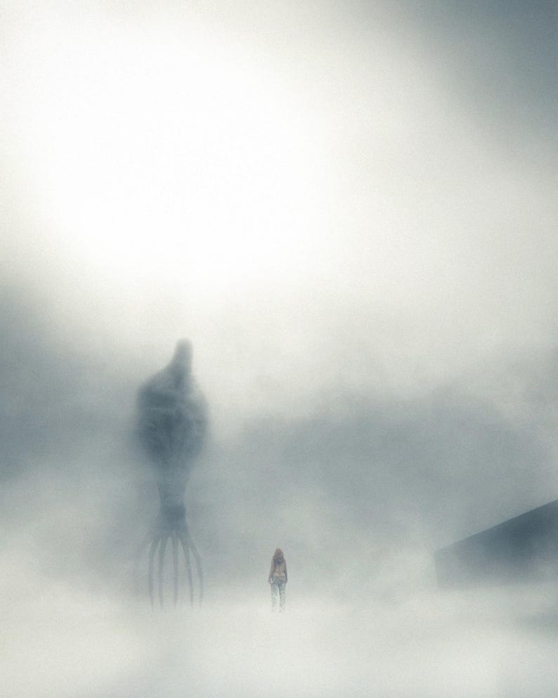 May include: An evocative, atmospheric image depicting a person in a foggy environment, confronting a large, shadowy, tentacled entity. The scene creates a feeling of mystery and solitude, with a dark, foreboding atmosphere.