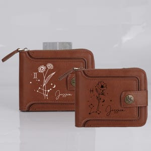 Personalized Leather Wallet for Women, Custom Birth Flower Gifts, Custom Wallet for Mom, Wife, Girlfriend, Daughter, Valentine's Day Gifts