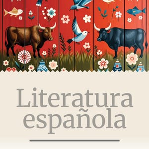 Könnte beinhalten: Eine rot-weiß-blaue Illustration eines Stiers vor rotem Hintergrund. Der Text "1000 LIBROS TXT" befindet sich oben im Bild. Der Text "Literatura española" befindet sich unten im Bild. Das Bild ist ein Buchcover.