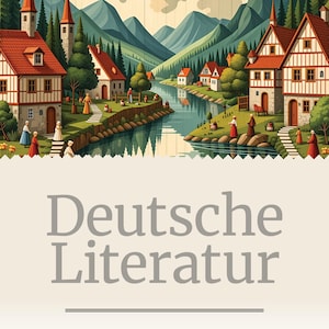 Könnte beinhalten: Eine farbenfrohe Illustration eines kleinen Dorfes, eingebettet in ein Tal mit einem Fluss, der durch ihn fließt. Oben im Bild steht der Text "2800 BÜCHER .TXT" und eine deutsche Flagge. Unten im Bild steht der Text "Deutsche Literatur" sowie der Text "ARHEVE.org".