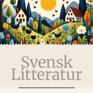 Puede incluir: Una ilustración colorida de un campo sueco con casas, árboles, pájaros y flores. El texto "1000 BÖCKER TXT" y la bandera sueca están en la parte superior de la imagen. El texto "Svensk Litteratur" está en el centro de la imagen. El texto "ARHEVE.org" está en la parte inferior de la imagen.