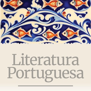 Könnte beinhalten: Bild einer dekorativen Fliese mit einem sich wiederholenden Muster aus orangefarbenen Fischen und blau-weißen wellenartigen Designs. Der Text "900 Livros" steht oben und "Literatura Portuguesa" unten.