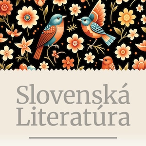 Könnte beinhalten: Ein Buchcover mit schwarzem Hintergrund und einem floralen Muster mit orangefarbenen, gelben und weißen Blumen. Zwei bunte Vögel sitzen auf den Blumen. Der Text "1400 KNÍH" befindet sich oben auf dem Cover, und der Text "Slovenská Literatúra" befindet sich in der Mitte des Covers. Der Text "ARHEVE.org" befindet sich unten auf dem Cover.