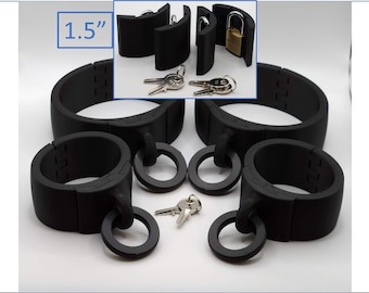 Set of Locking Wrist and Ankle Cuffs with Smooth AND O-Ring Panels - 1.5" Tall