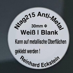 10 Stk. Anti-Metal blanko NXP-NTAG215 mit 504 Bytes Speicher, können auf metallische Oberflächen angebracht werden
