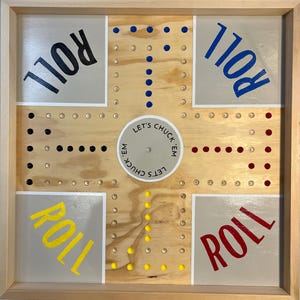 Wooden marbles game board with side walls, Primary colored teams: Blue, red, yellow and black, marbles game board, Wahoo game board