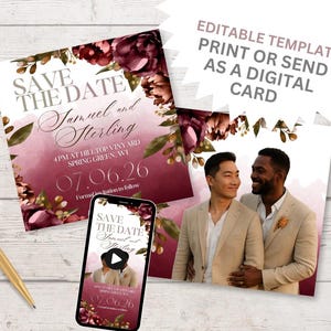 May include: Wedding save-the-date cards and a smartphone displaying a digital card. The cards feature floral designs and the text "Save the Date" with names and a date. The digital card shows a video.