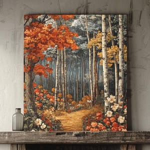 William Morris Style Rustic Fall Canvas Art, Vintage Botanical Art, Rustic Farmhouse Decor, Autumn Forest Canvas Art,