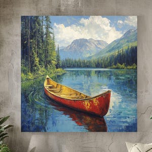 Vintage Canoe Painting Canvas Wall Art, Rustic Lake House Decor, Tranquil Lake Life Artwork, Wall Art for Lake Cabin, Nature Lovers Gift