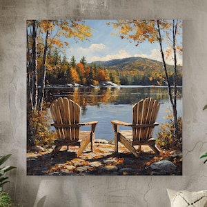 Lake Life Adirondack Chairs Canvas Wall Art, Relaxing Lake House Decor, Rustic Cabin Wall Art, Tranquil Waterfront Scene for Lake Lovers