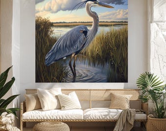 Decoración natural, arte mural de garza azul para sala de estar, dormitorio, oficina, impresión costera