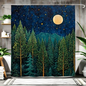 Moonlit Evergreen Forest Shower Curtain, Earthy Bathroom Decor, Serene Woodland Scene Home Decor, Bathroom Accent Autumn